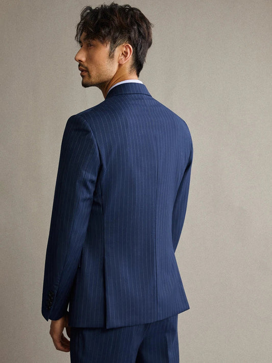 100% Wool Double Breasted Men Suit Deep Blue Striped Casual Mens Suits With Pants Wedding Groom Suits Man Slim Fit Blazer
