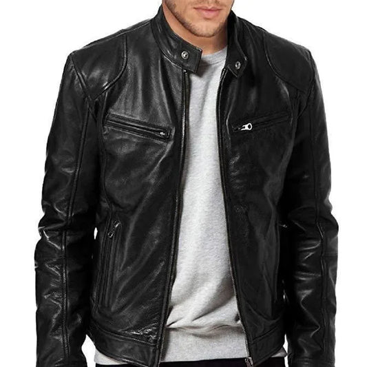 Male Leather Jacket Cafe Racer Slim Fit Retro Faux Leather Brand Men's Jackets Fashion Motorcycle Leather Coat Men's Clothing