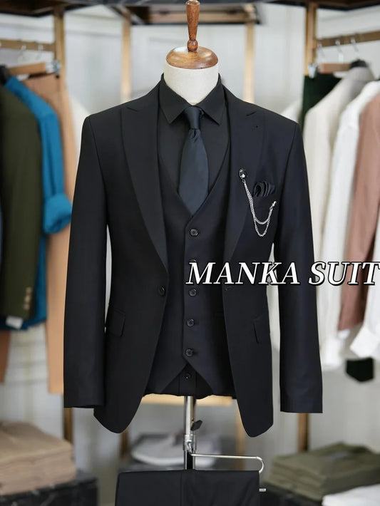 Navy Blue Classic Full Men's Suit 3pcs Blazer Vest Pants Business Wear Formal Party Groom Man Suits Set
