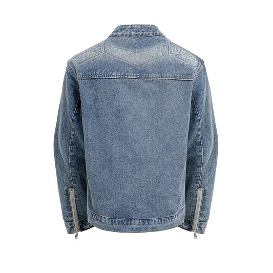 Men Cool Handsome Stand Collar Moto Denim Jackets Slim Fit PU Denim Coats High Quality Male Punk Style Casual Zip Coats