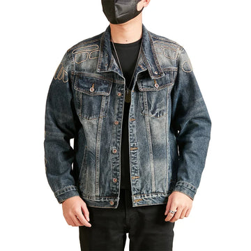 Men's Embroidery Fashion Loose Casual Plus Size Streetwear Punk Hip Hop Denim Cargo Motorcycle Jacket Cowboy Jeans Wear Coat