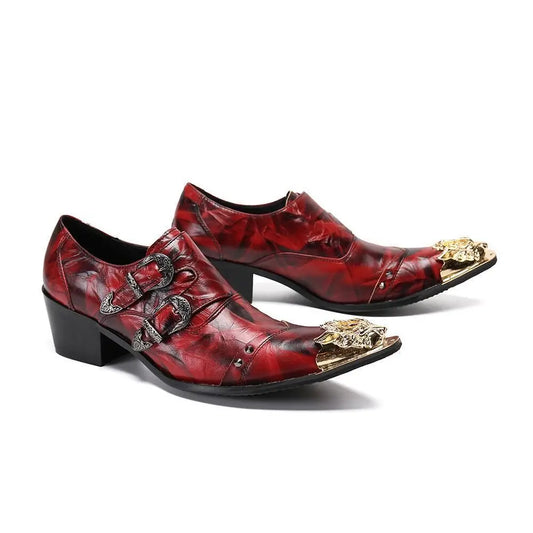 Red Snake Pattern Shallow Slip On  for Men Metal Pointed Iron Toe  2024 New Men's Genuine Leather High Heels Fashion Men's Shoes