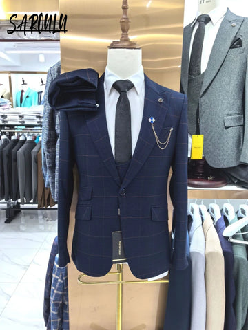 Hot Sale Formal Blue Men Suit Patterned Jacket Vest Pants Peak Lapel Tuxedo Gentlemen Set Smart Dancing Textured Groom Wear