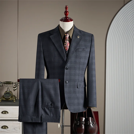 High-quality, fashionable and stylish wedding casual checkered suit set, men's business casual suit three-piece set