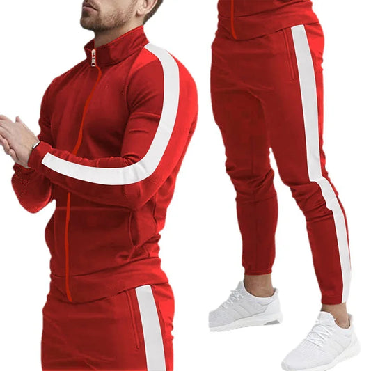 New Long-sleeved Trousers Leisure Sports Suit Autumn and Winter Splicing Stand Collar Slim Mens Suit
