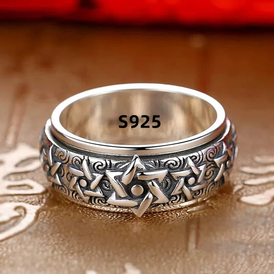 Rotatable S925 Sterling Silver Ring for Men  Vintage Retro Stars Auspicious Cloud Couple Band Women Index Finger Accessories