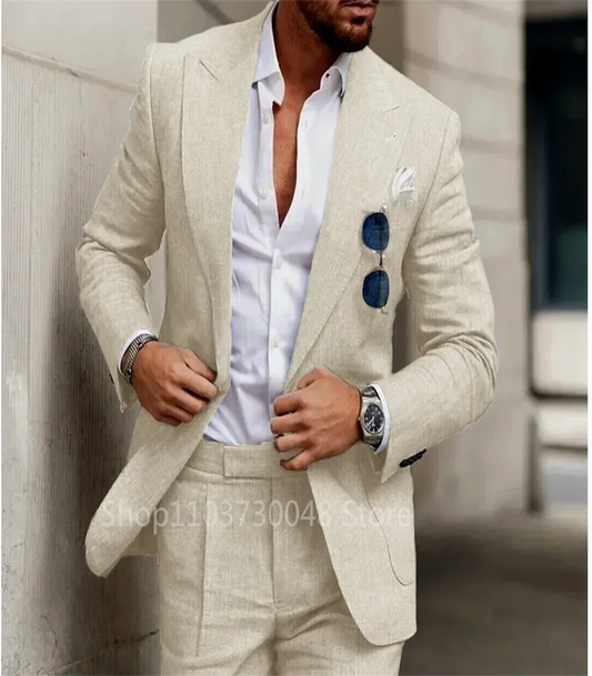 2 Piece Elegant Beige Linen Men Suit Smart Casual Single Breasted Slim Fit Blazer with Pants High Quality Costume Homme