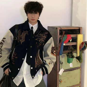 American New Vintage Street Ruffian Wool Embroidered Baseball Uniform Jacket Men And Women Y2K Harajuku Stand-up Pilot Jacket