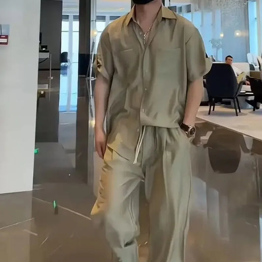 Plain T-shirts Pants Suits for Men Nylon Regular Fit 2025 Trend Two Piece Set Korean Style Loose Novelty in Man Trousers Sets