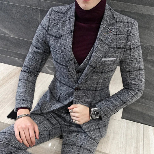 Men's Suit Plaid Jacket Vest & Pants Wedding Tuxedo Groom Business Tuxedos men suits wedding prom suits