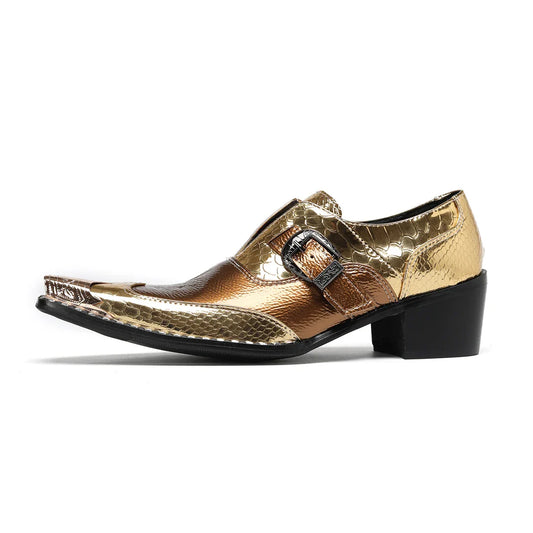 Men's New Le Fu Shoes, Men's Genuine Leather, Gold Pointed Metal Buckle, Rivet Party Business Shoes