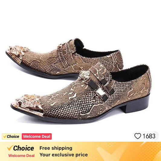 new arrival red genuine leather pointed toe metal tip crystal  handmade men leather dress shoes fashion hairdresser shoes