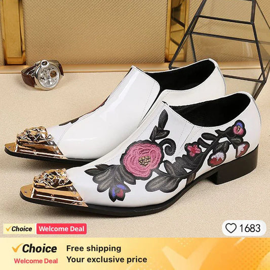 White Men Shoes Print Design Genuine Leather Pointy Metal Toe Block Fashion Slip On Business Office Dress Party Leather Shoes