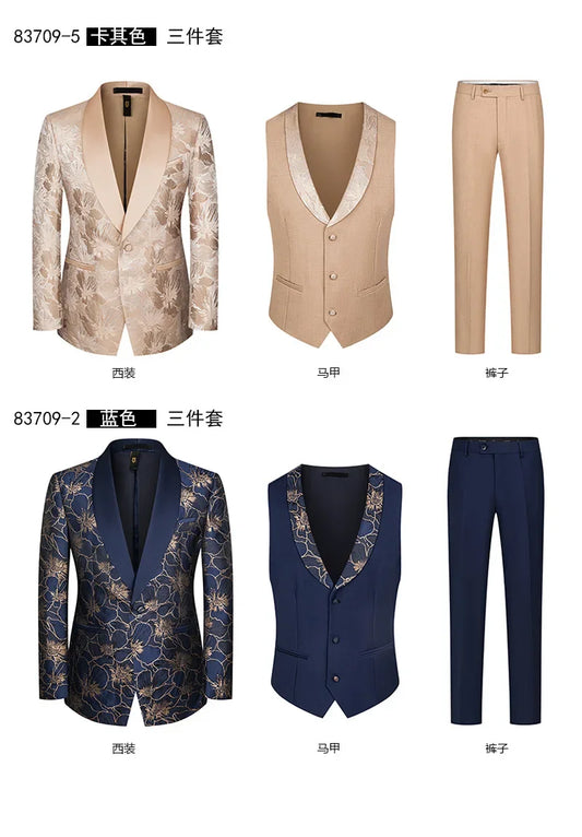 Elegant Wedding 3 Piece Jacket Pants Vest Full Set Luxury Single Breasted Peak Lapel Purple Male Clothing Men's Suits Blazer