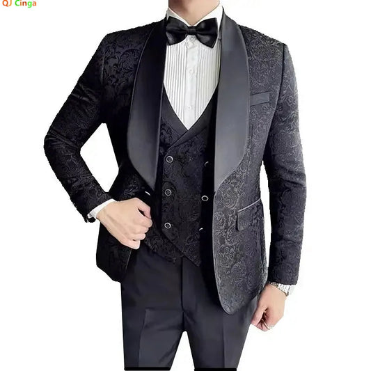 Black Men Embroidered Suit 3 Piece, Jacquard Fabric Dress Jacket and Vest with Trousers, Branded Clothing