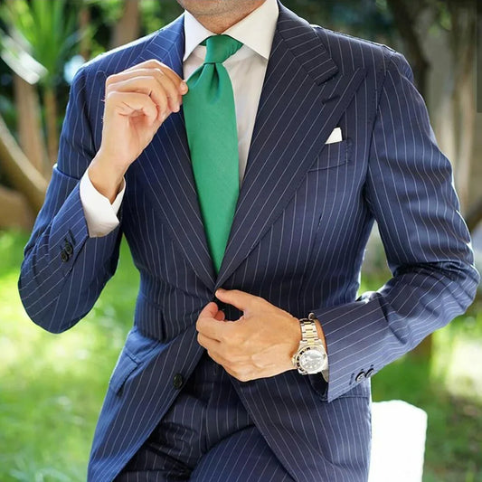 Hot Sale Navy Pinstripe Men's Suits Fashion Peaked Lapel Two Button Groom Wedding Business Prom Party Male Suit (Jacket+Pants)