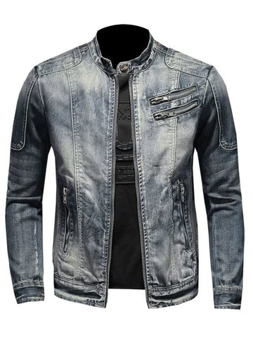 Men's Retro Denim Jacket Casual Oversized Stand Up Collar Zippered Jacket Cycling Motorcycle Coat Trend Loose Fit Top