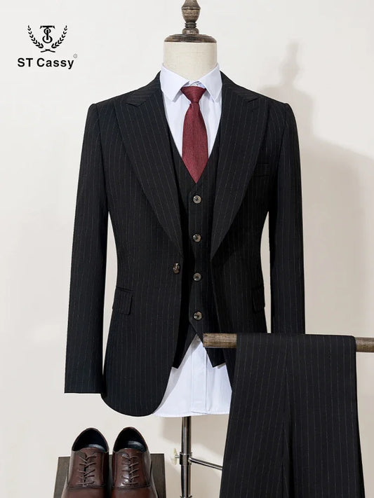 ST Cassy high-quality grey striped suit slim fit luxurious and elegant men's business suit wedding fashion clothing 3-piece set
