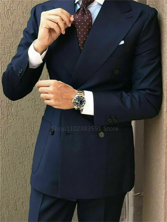 2 Pieces New Custom Double Breasted Dark Blue Men Suits Casual Male Blazers Slim Fit Groomsmen Costume Men Clothing