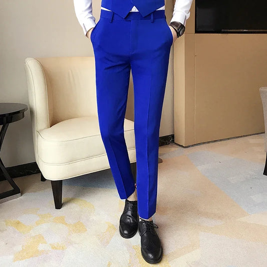 2024 Men Slim Fit Business Dress Suit Pants Male Solid Color Spring Formal Blazers Trousers Black White Blue Dress Pants
