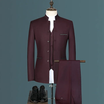 Stand Collar Men Blazer Pants Business Men's Wedding Suit Jacket Coat Trousers Waistcoat High Quality Slim Dress Set