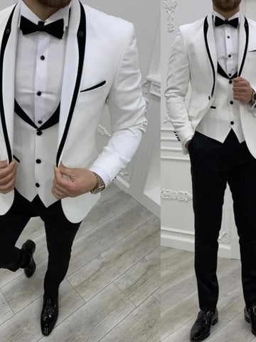 3Pcs White Blazer Black Peaked Lapel Trousers Slim Fit Bridegroom Men Suits Costume Homme Wedding Wear TuxedosJacket Pants Vest