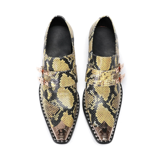 Brand men's leather shoes  double buckle snake skin high heels slip on soft loafers formal wedding and party dress shoes