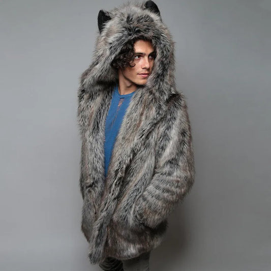 Men's Faux Fur Coat Long Sleeve Hooded Thick Warm Jackets Male Plush Fluffy Cardigan Casual Parka Snow Wear Winter Fur Coat 512