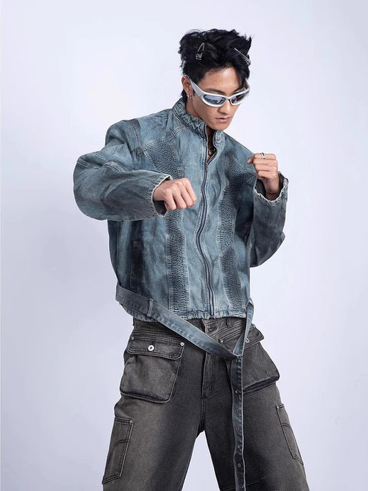 ReddaChic Cowboy Dirty Wash Denim Jacket Men Shirring Belt Shoulder Pads Stand Collar Zip-up Bomber Coat Retro Hiphop Streetwear