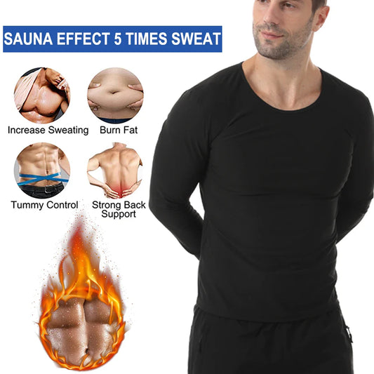 Men Neoprene Sauna Shirt Fitness Waist Trainer Sweat Gym Long-sleeved Top Workout Slimming Body Shape Round Neck Sweat Suit New