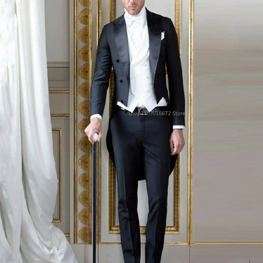 Formal Black Wedding Men Tailcoat 3 Piece Groom Tuxedo for Prom Party Male Suit Fashion Wedding Suits  Jacket with Pants Vest