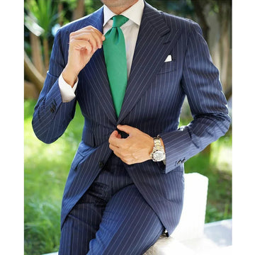 Hot Sale Navy Pinstripe Men's Suits Fashion Peaked Lapel Two Button Groom Wedding Business Prom Party Male Suit (Jacket+Pants)