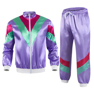80s Men/Women Coat Pants Set Retro Hip Hop Disco Unisex Tracksuit Casual Color Block Jacket Elastic Waist Trousers Set