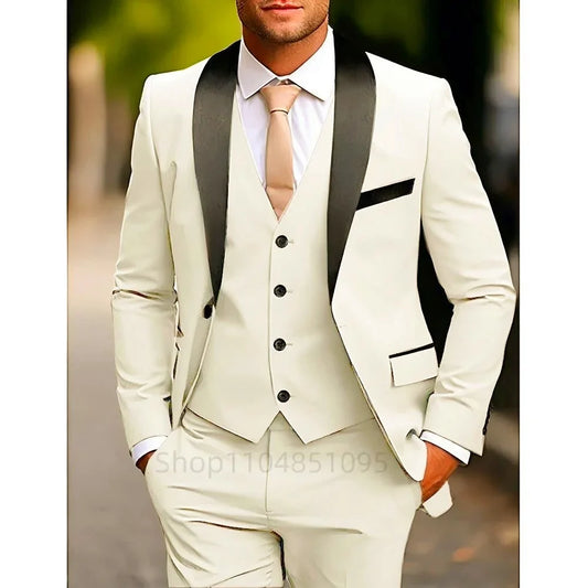 Classic Style Slim Fit Men Suits 3 Piece Groom Tuxedos Shawl Lapel Single Breasted Blazer Vest Pants Sets Business Men Clothing