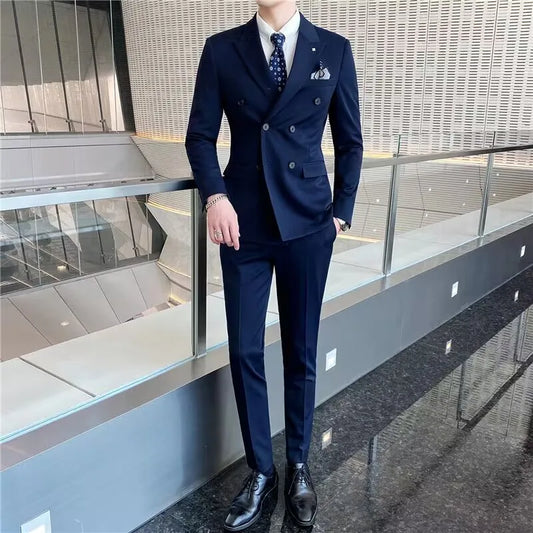 Smart Casual 2 Pieces Men Suits Set New Men's Formal Business/Wedding Groom Tuxedos Peak Lapel Double Breasted Blazer Pants