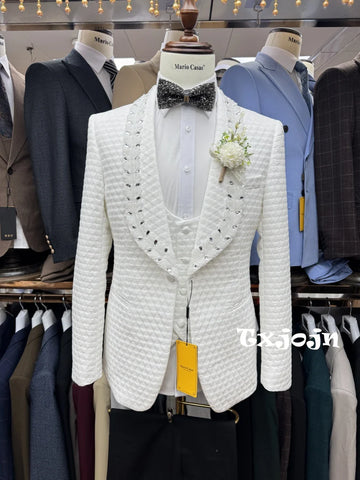 White Jacquard Men's Tuxedo 3 Pieces Blazer Vest Pants Wedding Groom Best Man Outfit Customized Suit Set For Men Birthday Party