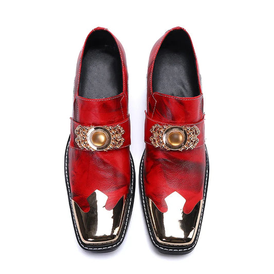 Spring Men's Shoes for Business Leisure Banquets Socializing Adding Genuine Leather Metal Toe Parties Weddings High Heels