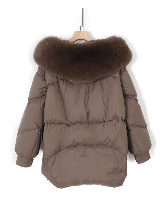 maomaokong Women's down Jacket with Real Fox Fur Collar Windproof Warm Hooded Winter Coat Snowproof Outerwear