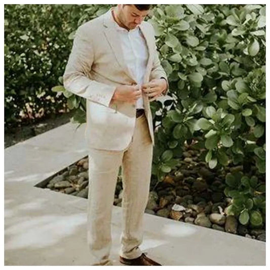 Chic Linen Beige Suits for Men Flat Front Single Breasted Notch Lapel Skinny Blazer Casual 2 Piece Jacket Pants Male Clothing