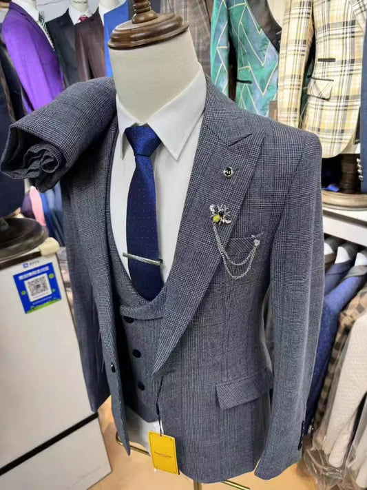 2025 Blue 3-pieces Men Suit Party Customized Patterned Jacket Vest Pants Set Delicate Single Breasted Elegant Groom Wear