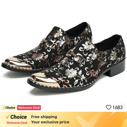 High-end red buckle pointed high-heeled leather men's shoes suit men's snake black dress party shoes.