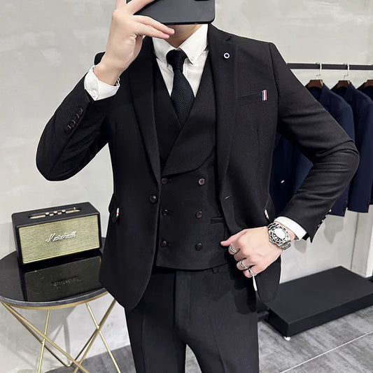 High-quality men's fashionable and stylish Korean-style slim-fit business suit, double-breasted vest and webbing style three-pie