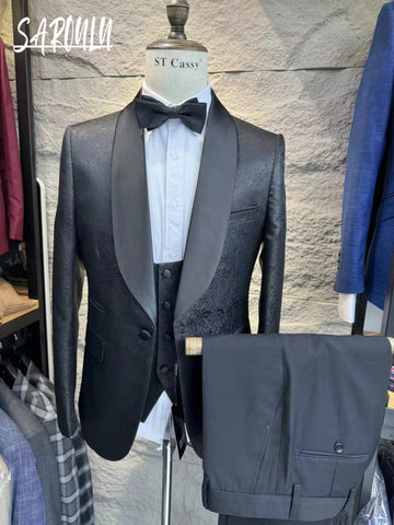 Daily Textured Men's Suit Elegant Wedding Host Groom Wear Luxurious Jacket Vest Pants Office Set Four Seasons Tuxedo On Sale