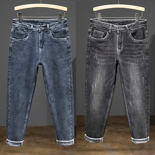 2024 New Spring Autumn Men's Nine-Point Pants Slim Jeans Fashion Casual Denim Trousers Smoke Gray Blue Gray Brand Clothing