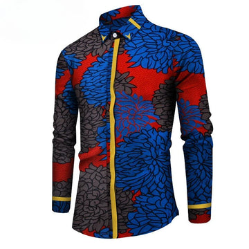 African Ethnic Print Fitted Casual Youth Regular Cotton Four-season Long-sleeved Square-neckShirt Men Shirt Designer Clothes Men