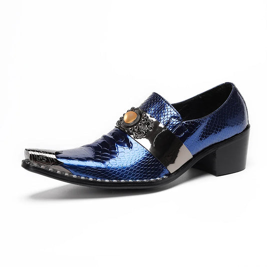 Men's Loafers Snake Skin Pattern New Men's Genuine Leather Shoes Solid Color Pointed Metal Buckle Party Business Shoes