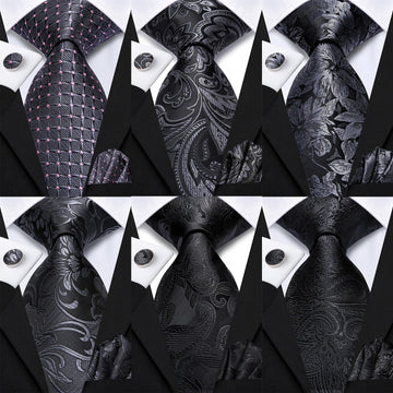 Hi-Tie Fashion 8.5cm Black Grey Floral Mens Elegant Tie Handkerchief Cufflinks Set Wedding Party Accessories Gift for Men Gravat