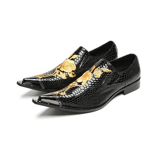 Men's black embroidered floral leather shoes with metal toe caps mid-heels genuine leather uppers and formal party shoes