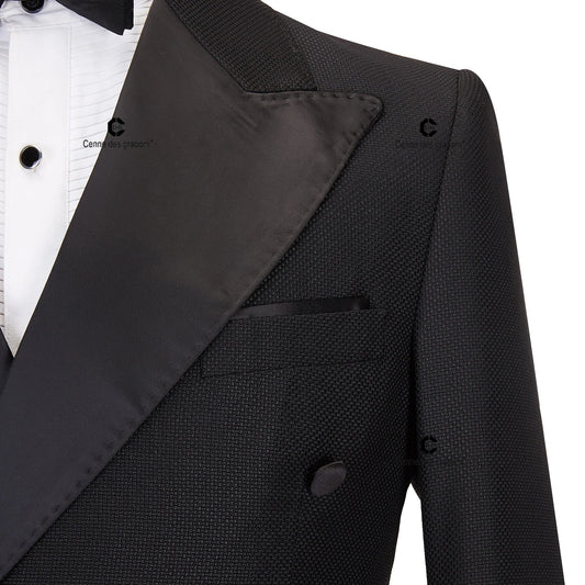 Cenne Des Graoom 2024 New Elegant Tuxedo Suits for Men Double Breasted Black Satin Collar Jacket Pant 2Pcs Set Wedding Evening