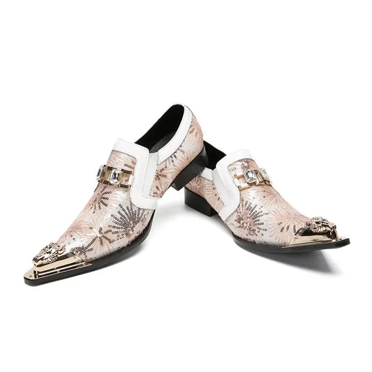 Hot Sell Pointed Toe Gold Metal new Leather Men Dress Shoes Evening Party Wedding Shoes Hairdress Sexy  Chain Men Shoes